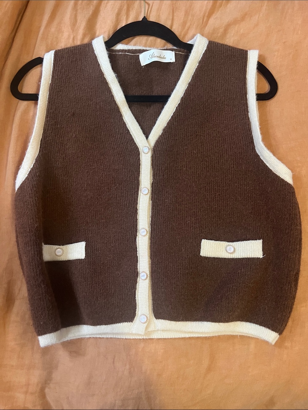 Sleeveless Knit Cardigan Vest in Brown and Cream -